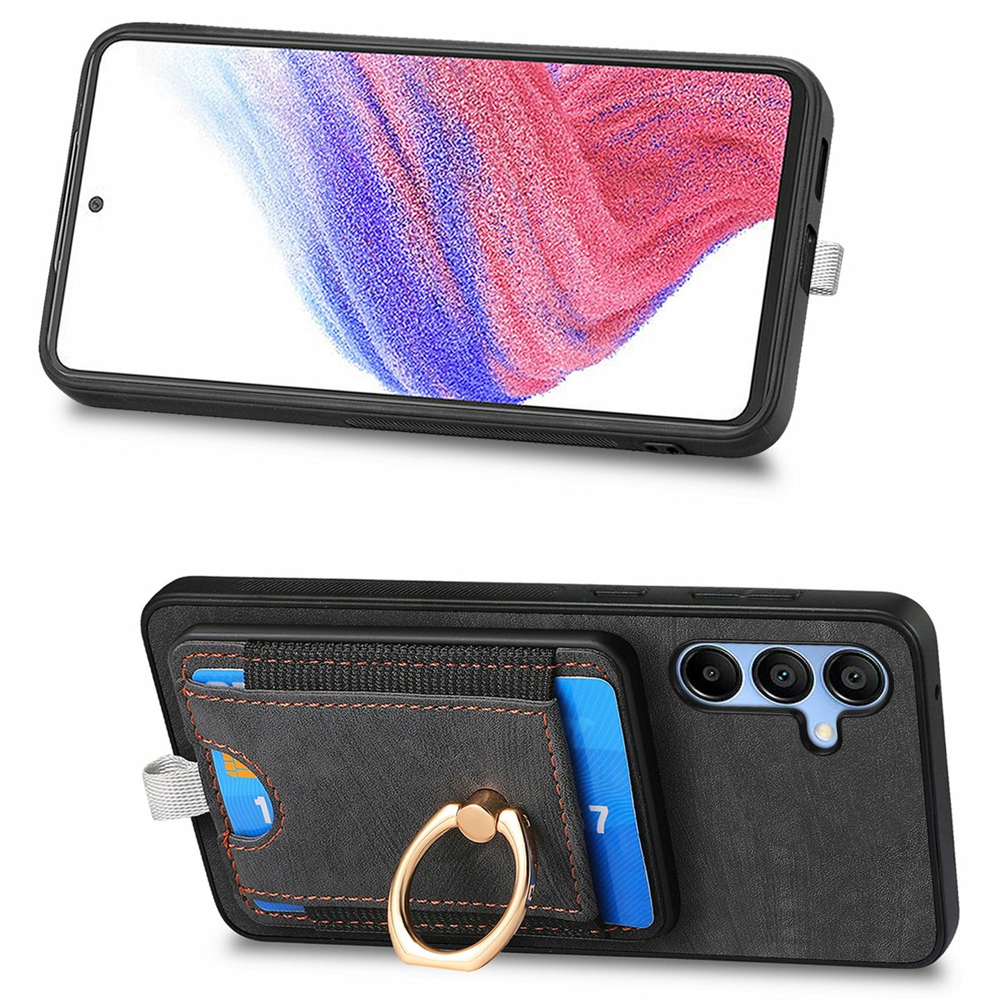 For Samsung Galaxy A16 4G / 5G Magnetic Case Card Holder Ring Kickstand PU Leather Phone Back Cover - Black
