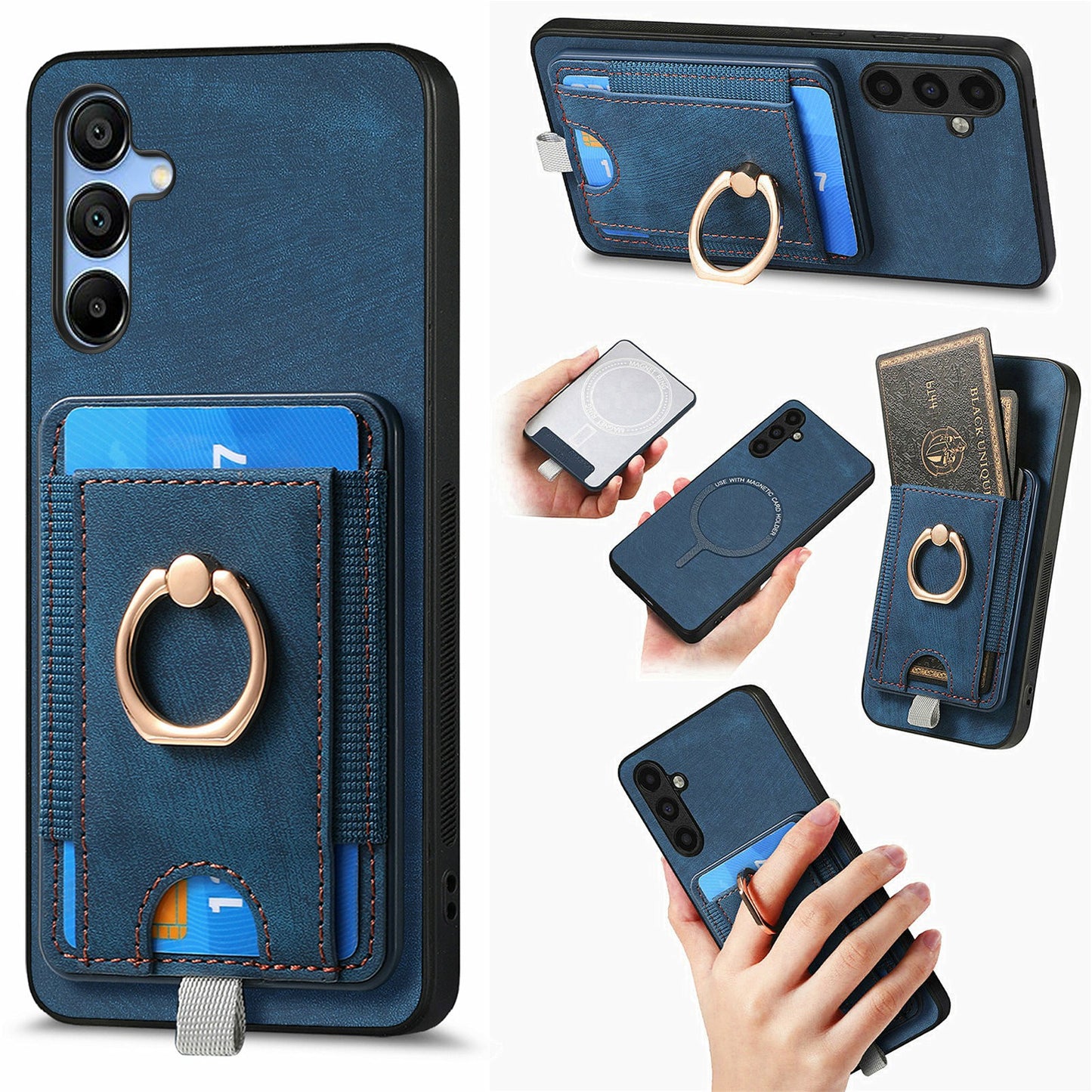 For Samsung Galaxy A16 4G / 5G Magnetic Case Card Holder Ring Kickstand PU Leather Phone Back Cover - Blue