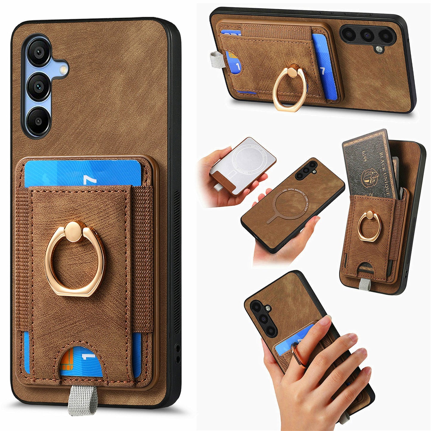 For Samsung Galaxy A16 4G / 5G Magnetic Case Card Holder Ring Kickstand PU Leather Phone Back Cover - Brown