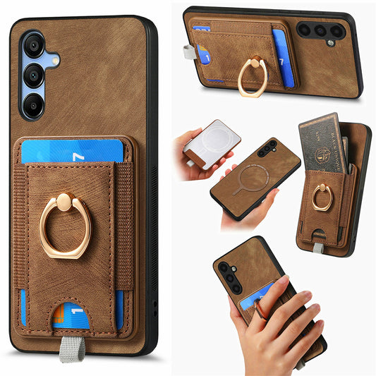 For Samsung Galaxy A16 4G / 5G Magnetic Case Card Holder Ring Kickstand PU Leather Phone Back Cover - Brown