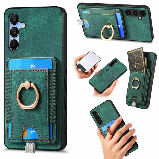 For Samsung Galaxy A16 4G / 5G Magnetic Case Card Holder Ring Kickstand PU Leather Phone Back Cover - Green