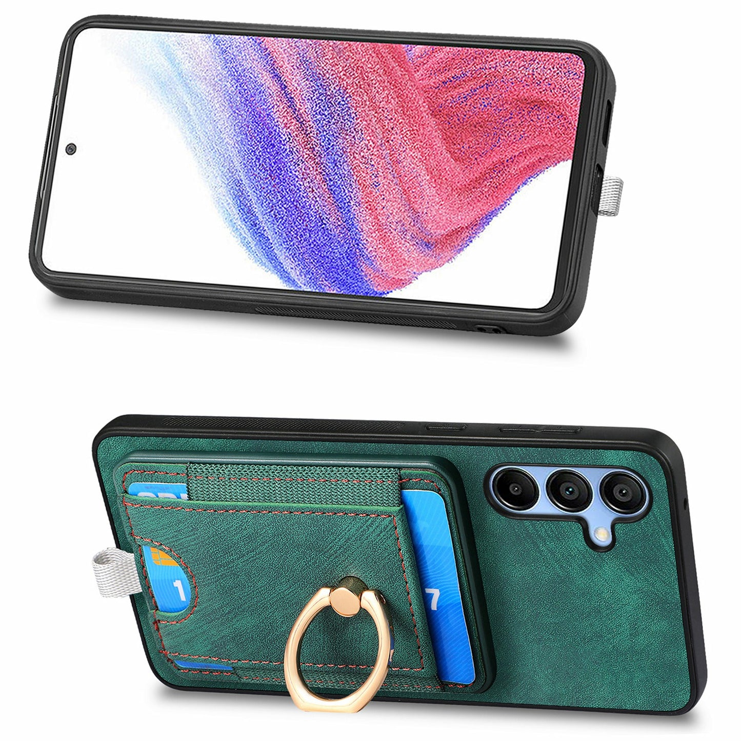 For Samsung Galaxy A16 4G / 5G Magnetic Case Card Holder Ring Kickstand PU Leather Phone Back Cover - Green