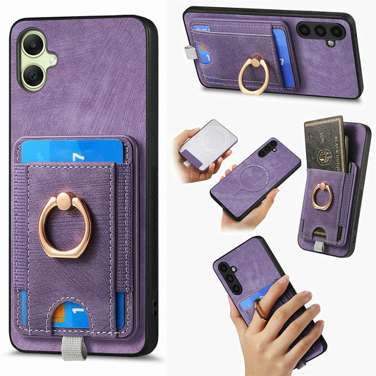 For Samsung Galaxy A06 Magnetic Case Card Holder Ring Kickstand PU Leather Phone Back Cover - Purple