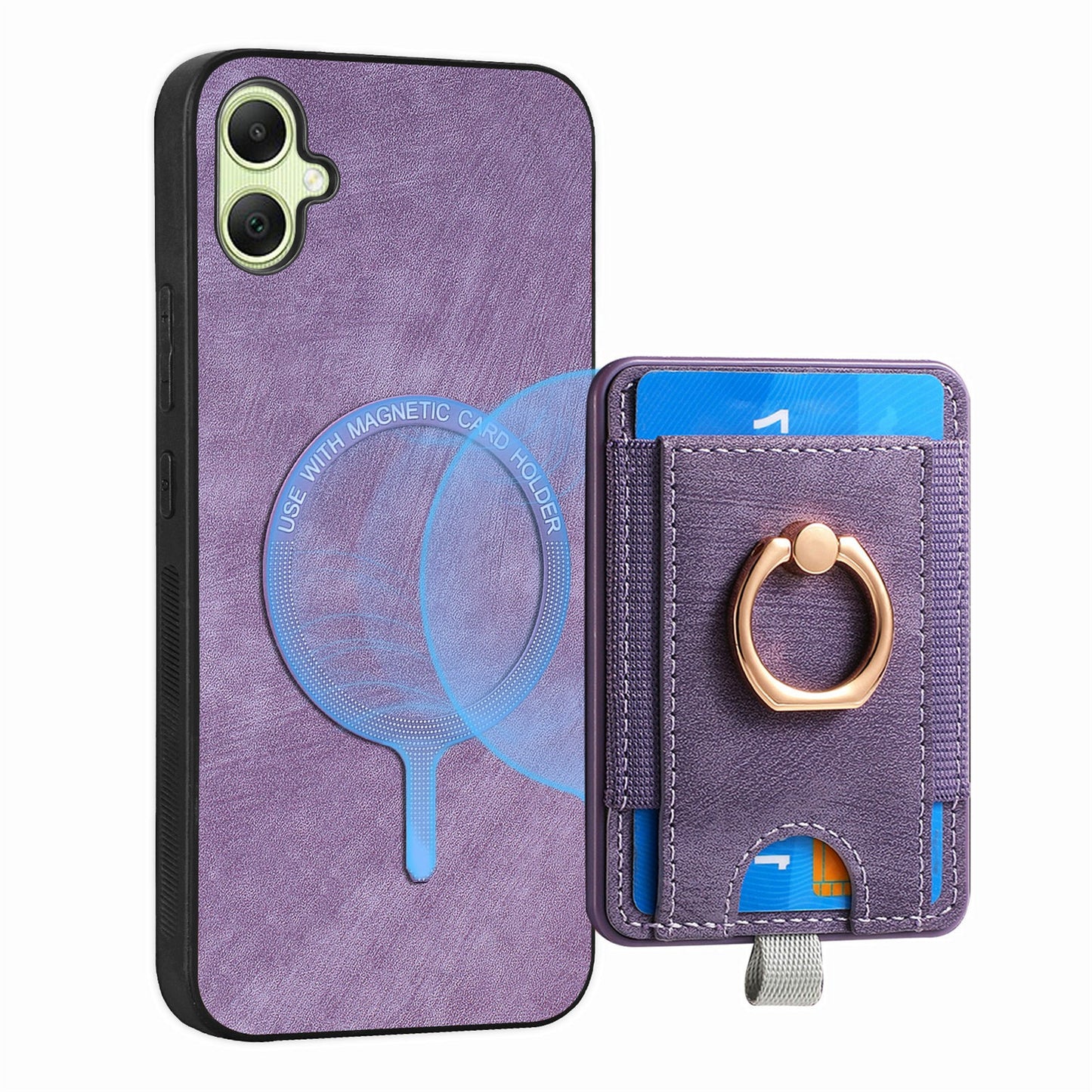 For Samsung Galaxy A06 Magnetic Case Card Holder Ring Kickstand PU Leather Phone Back Cover - Purple