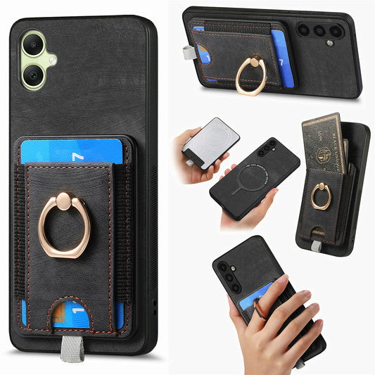 For Samsung Galaxy A06 Magnetic Case Card Holder Ring Kickstand PU Leather Phone Back Cover - Black