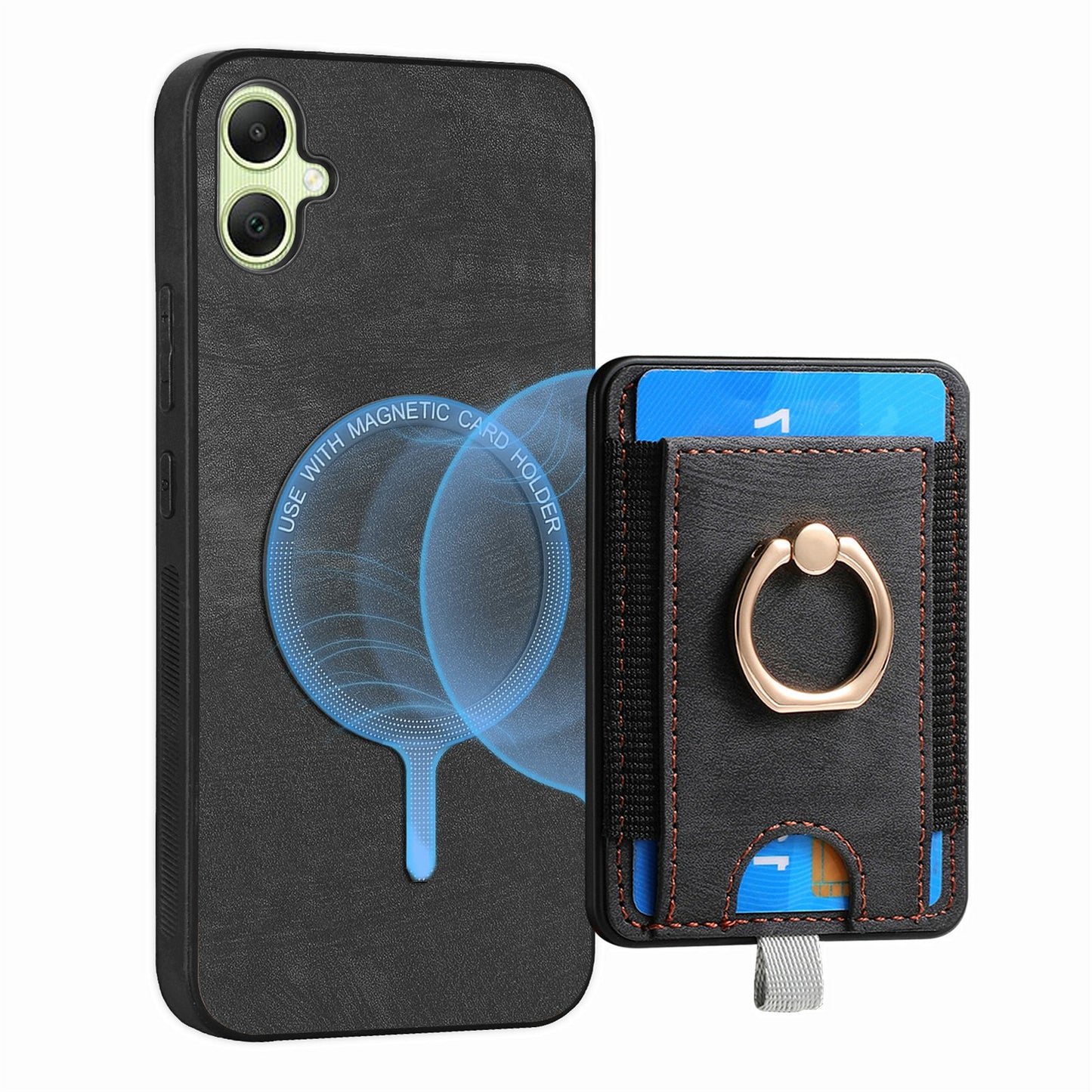 For Samsung Galaxy A06 Magnetic Case Card Holder Ring Kickstand PU Leather Phone Back Cover - Black