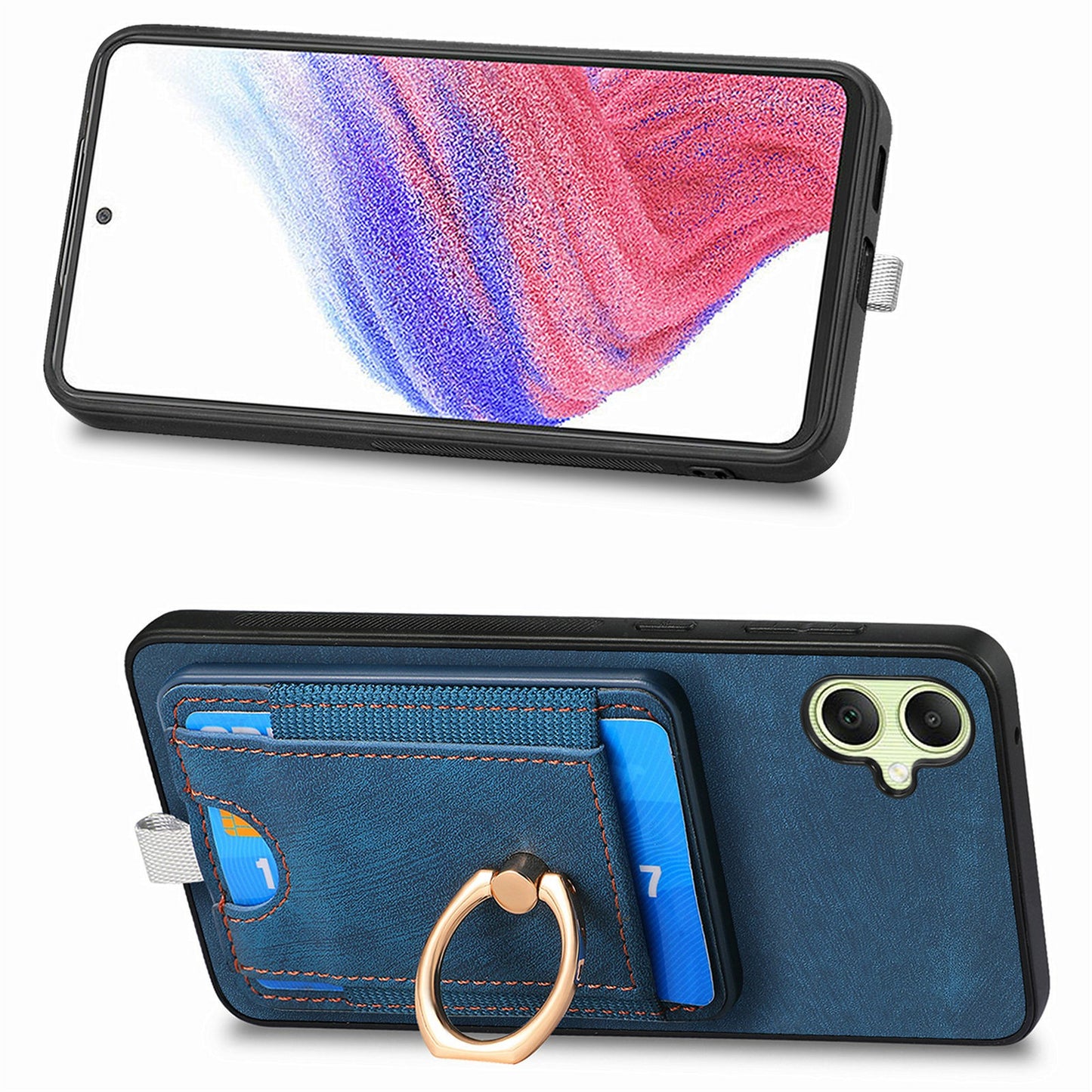 For Samsung Galaxy A06 Magnetic Case Card Holder Ring Kickstand PU Leather Phone Back Cover - Blue