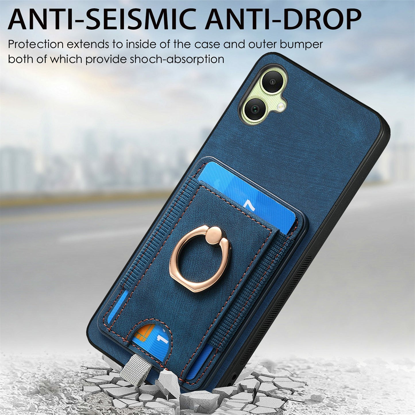 For Samsung Galaxy A06 Magnetic Case Card Holder Ring Kickstand PU Leather Phone Back Cover - Blue