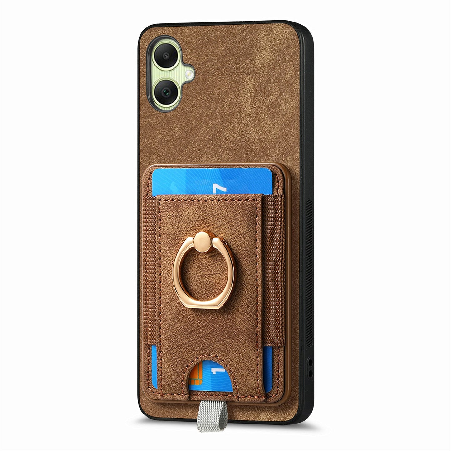 For Samsung Galaxy A06 Magnetic Case Card Holder Ring Kickstand PU Leather Phone Back Cover - Brown