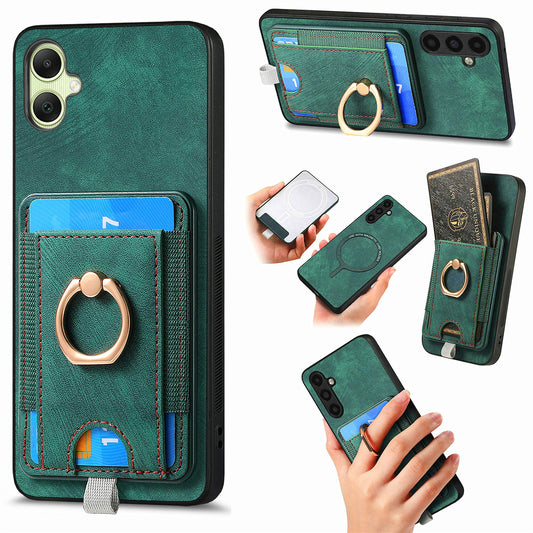 For Samsung Galaxy A06 Magnetic Case Card Holder Ring Kickstand PU Leather Phone Back Cover - Green