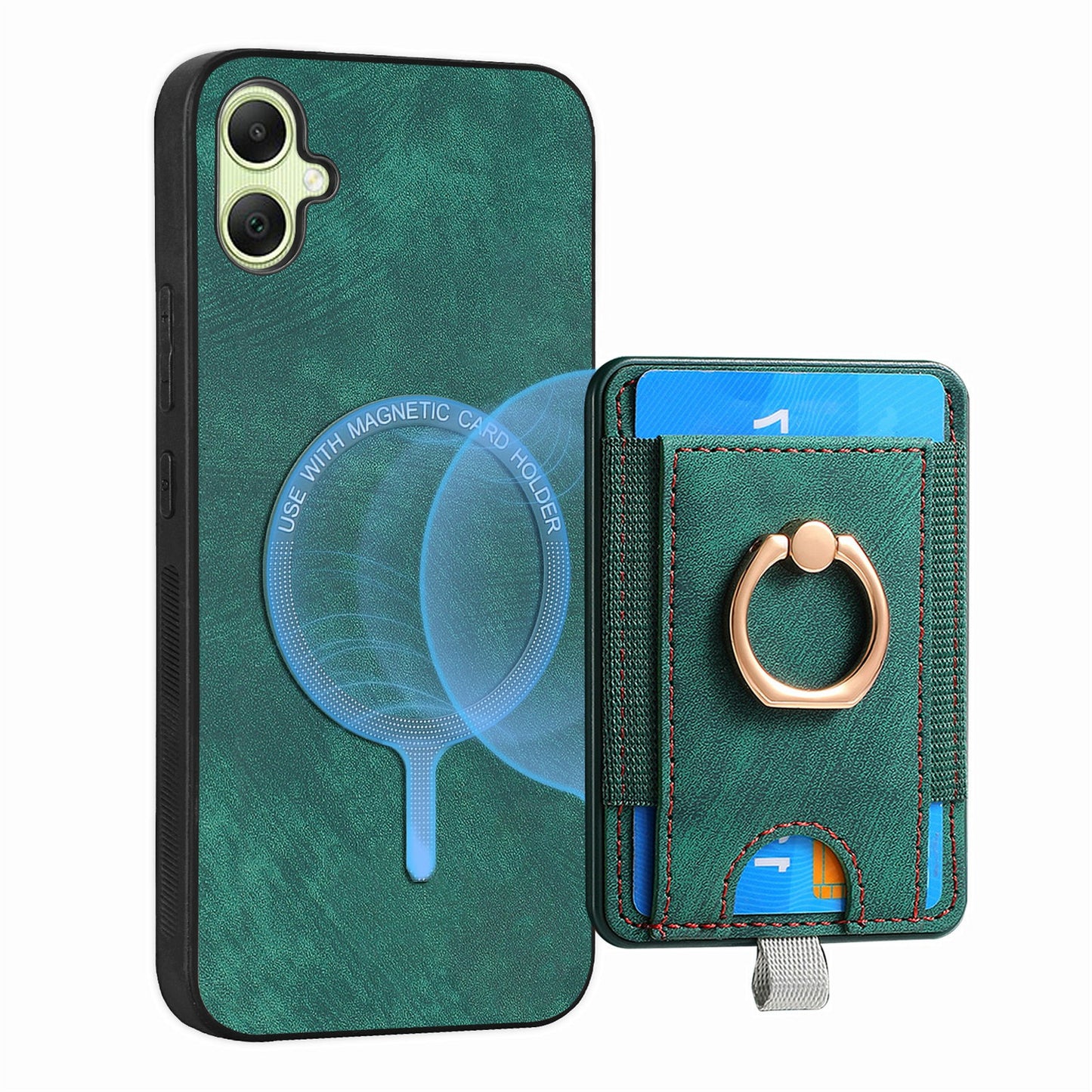 For Samsung Galaxy A06 Magnetic Case Card Holder Ring Kickstand PU Leather Phone Back Cover - Green