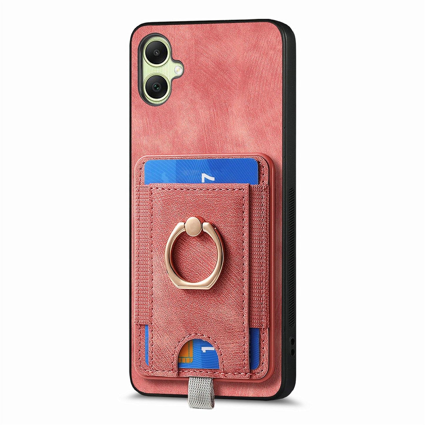 For Samsung Galaxy A06 Magnetic Case Card Holder Ring Kickstand PU Leather Phone Back Cover - Pink