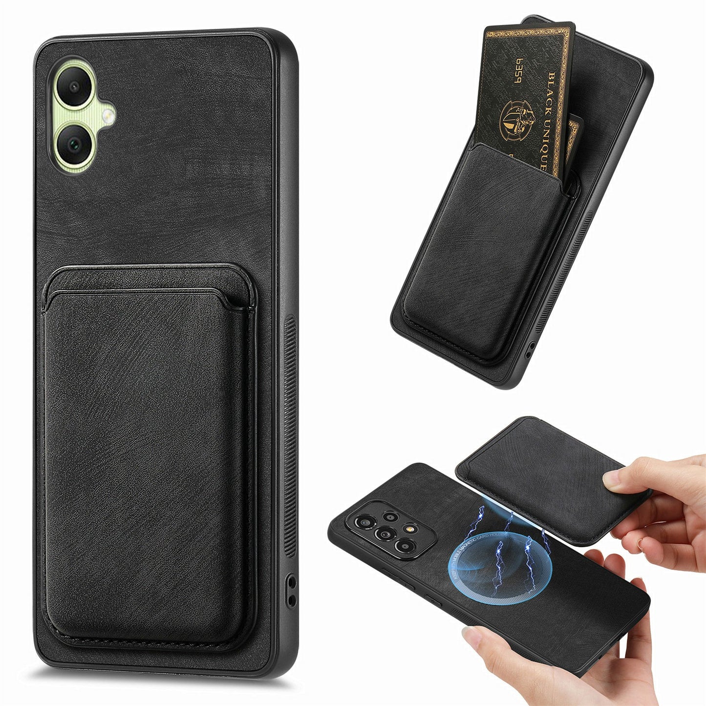 For Samsung Galaxy A06 Case Leather+TPU Retro Phone Cover with Detachable Card Slot - Black