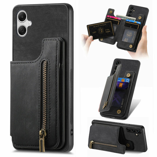 For Samsung Galaxy A06 Case with Card Holder Retro Leather+TPU Zipper Phone Cover - Black