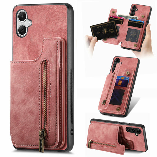 For Samsung Galaxy A06 Case with Card Holder Retro Leather+TPU Zipper Phone Cover - Pink