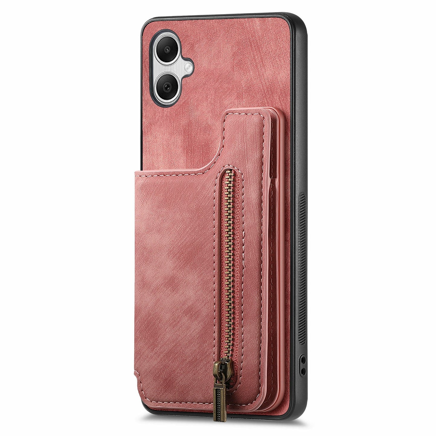For Samsung Galaxy A06 Case with Card Holder Retro Leather+TPU Zipper Phone Cover - Pink