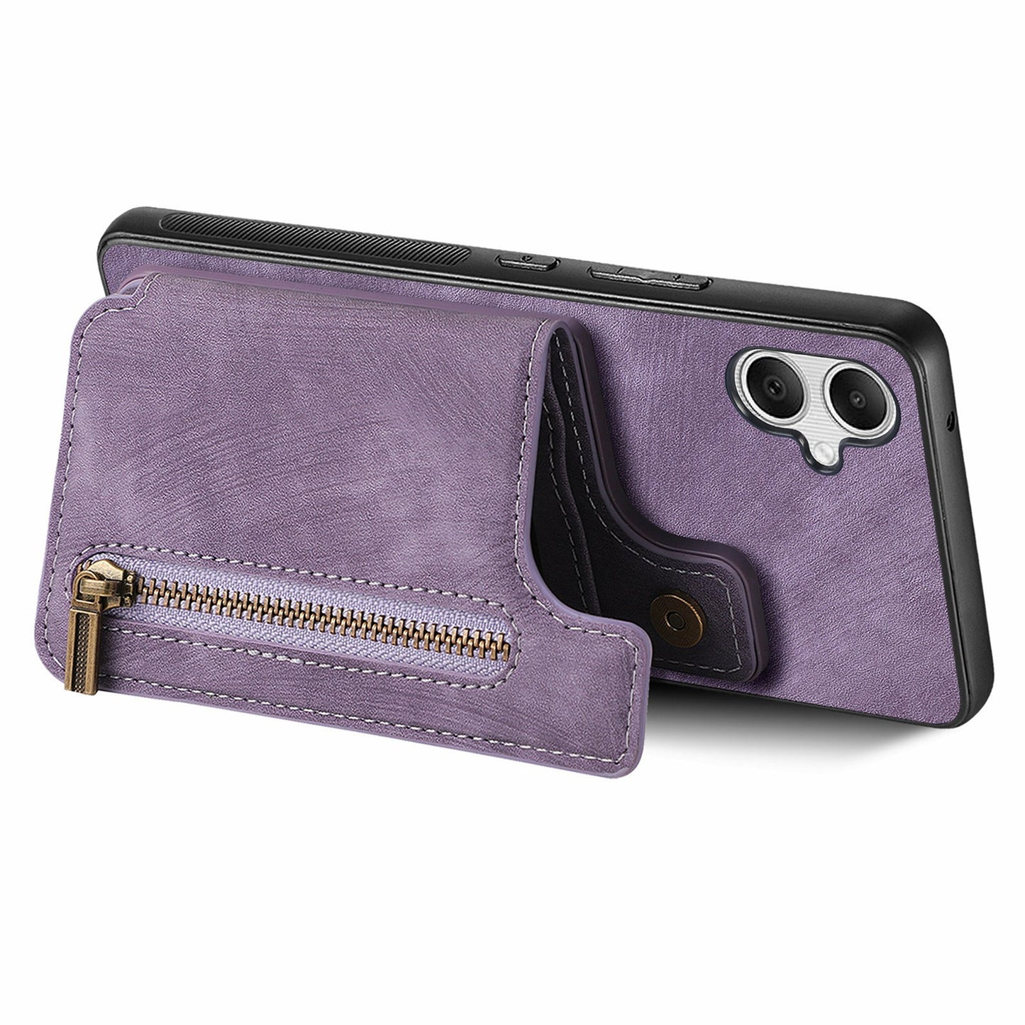 For Samsung Galaxy A06 Case with Card Holder Retro Leather+TPU Zipper Phone Cover - Purple