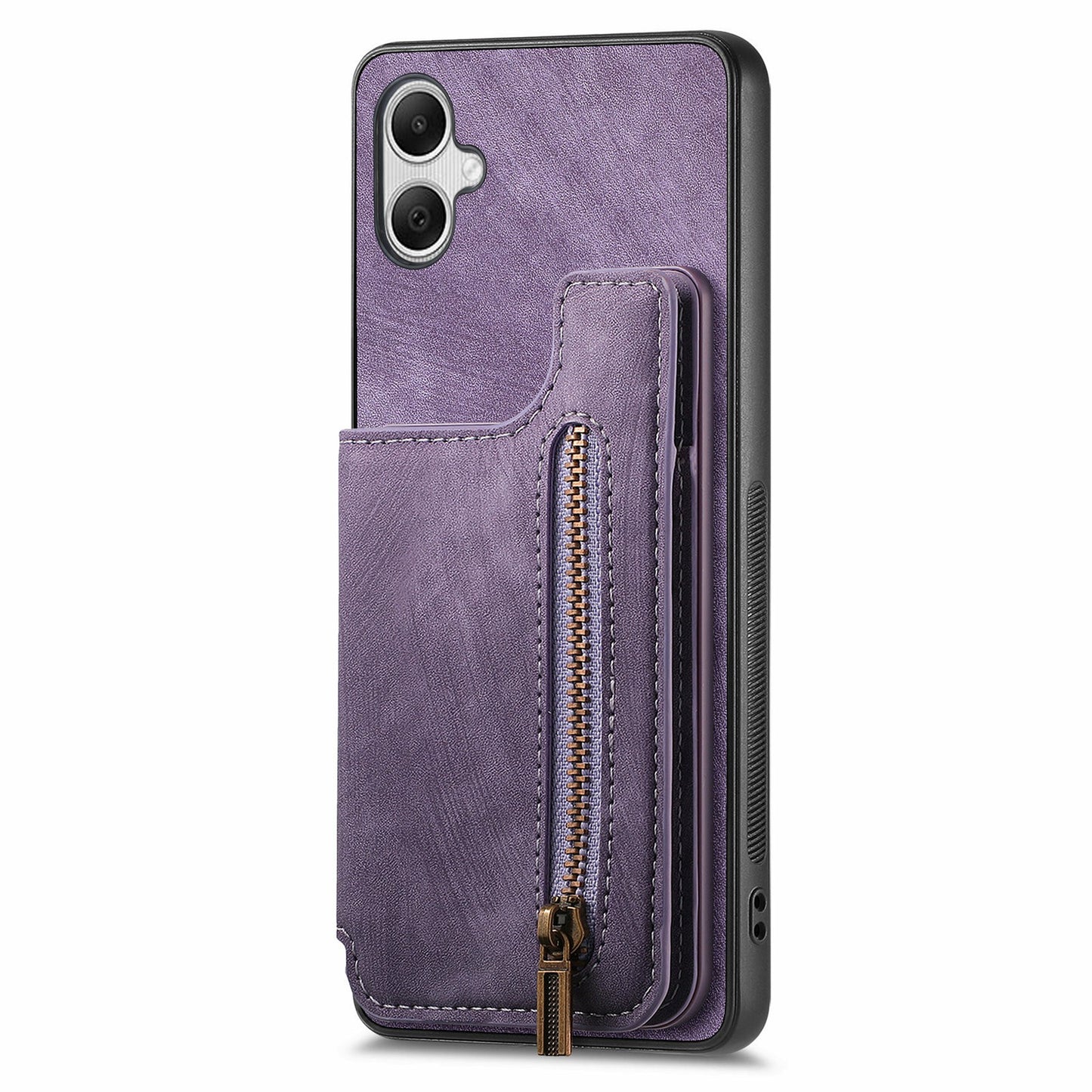 For Samsung Galaxy A06 Case with Card Holder Retro Leather+TPU Zipper Phone Cover - Purple