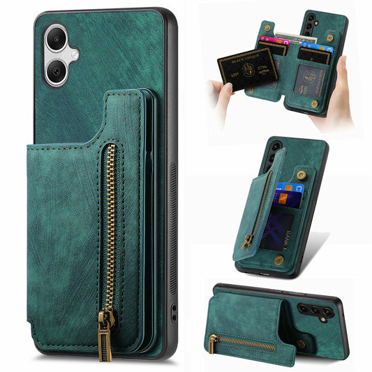 For Samsung Galaxy A06 Case with Card Holder Retro Leather+TPU Zipper Phone Cover - Green