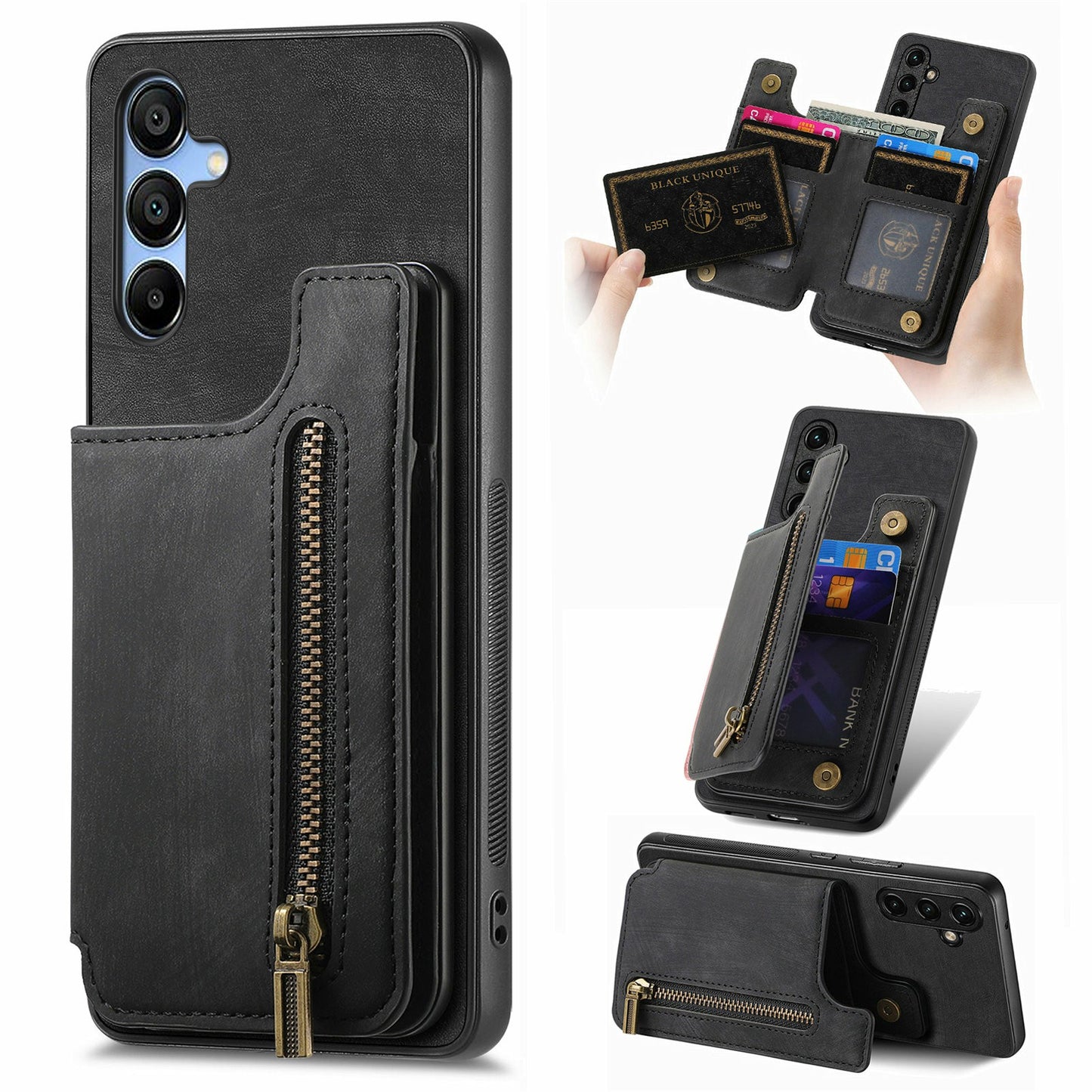 For Samsung Galaxy A16 4G / 5G Case with Card Holder Retro Leather+TPU Zipper Phone Cover - Black
