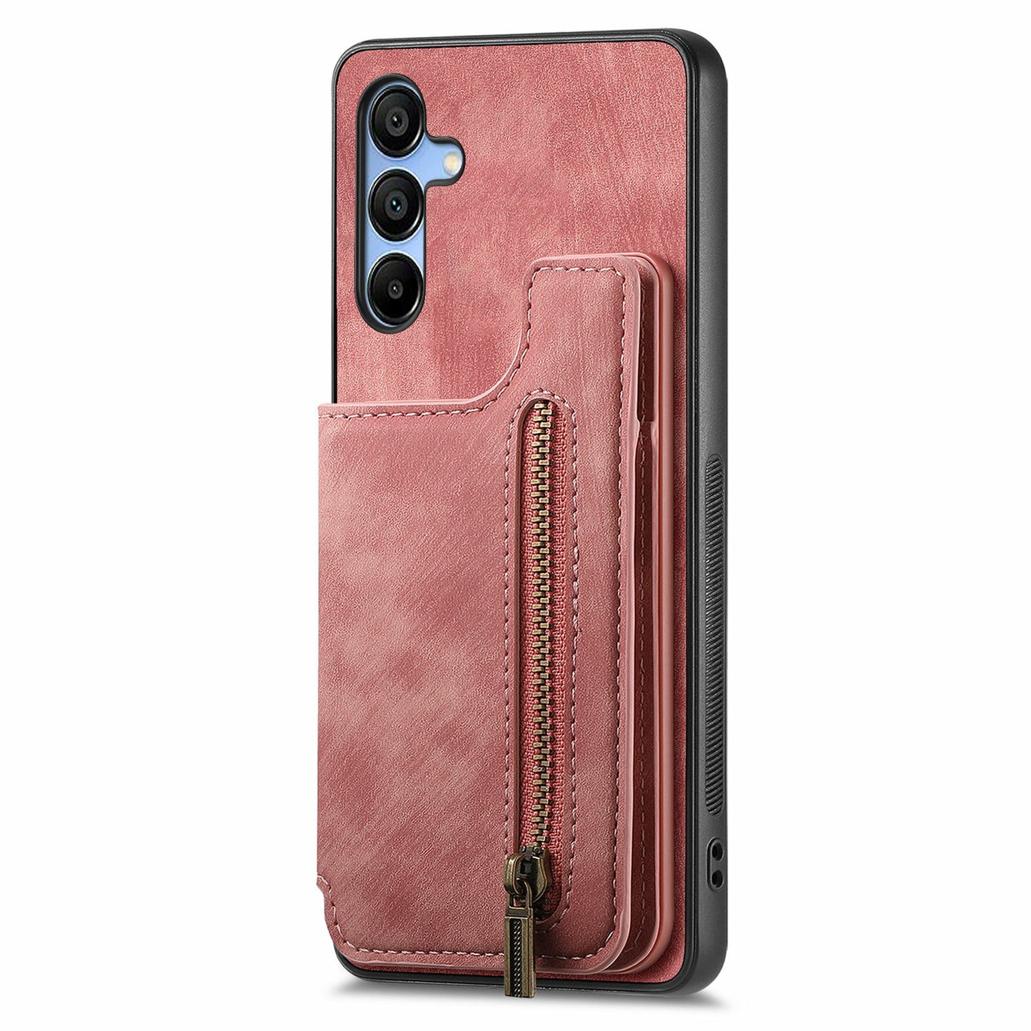 For Samsung Galaxy A16 4G / 5G Case with Card Holder Retro Leather+TPU Zipper Phone Cover - Pink