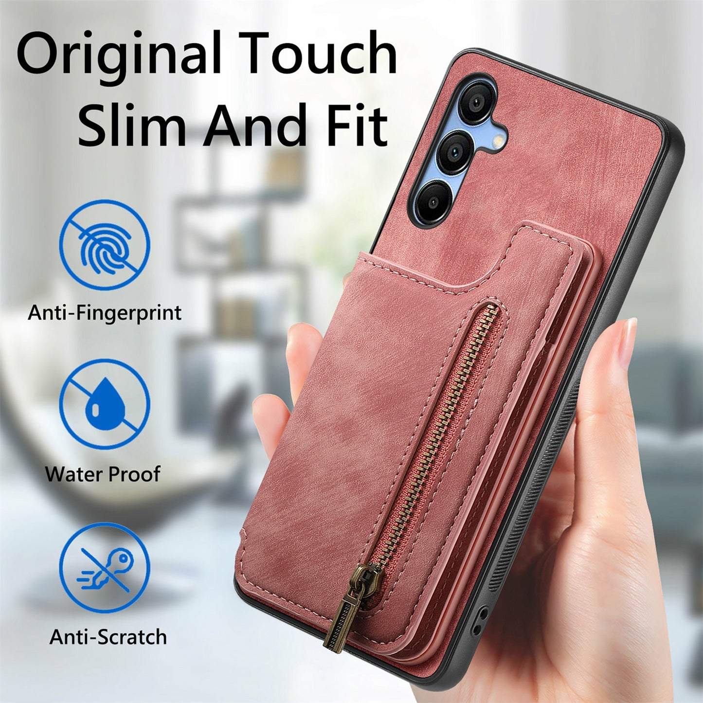 For Samsung Galaxy A16 4G / 5G Case with Card Holder Retro Leather+TPU Zipper Phone Cover - Pink