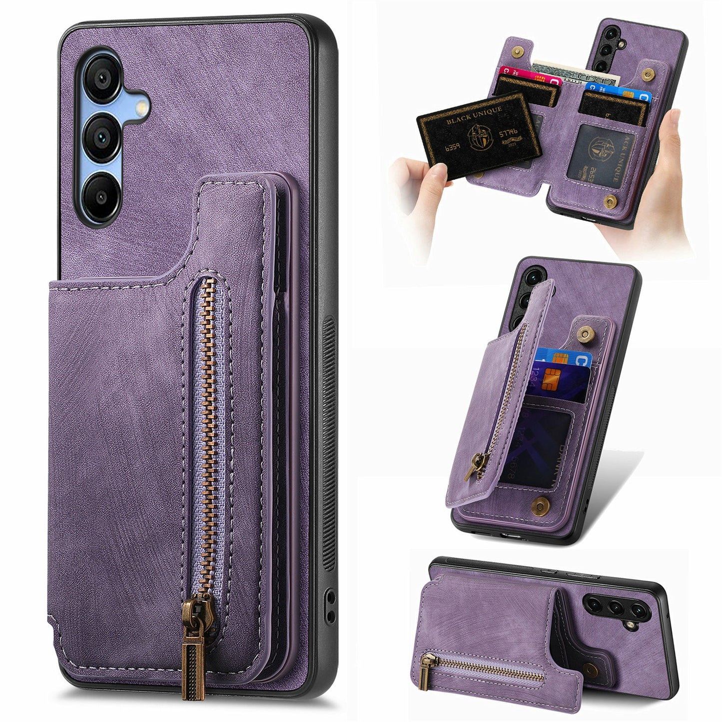 For Samsung Galaxy A16 4G / 5G Case with Card Holder Retro Leather+TPU Zipper Phone Cover - Purple