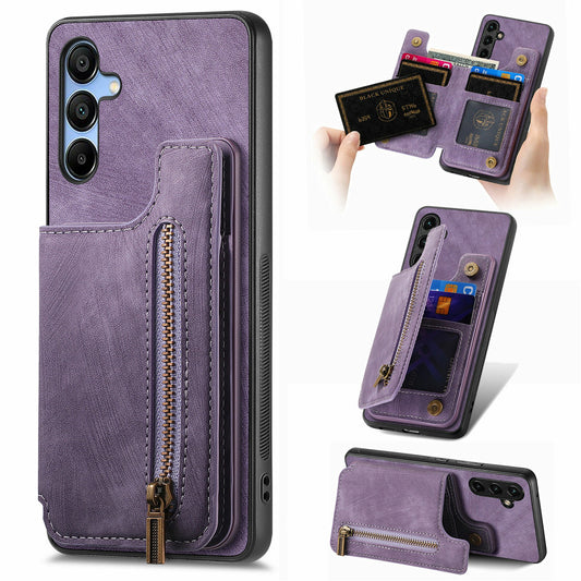 For Samsung Galaxy A16 4G / 5G Case with Card Holder Retro Leather+TPU Zipper Phone Cover - Purple