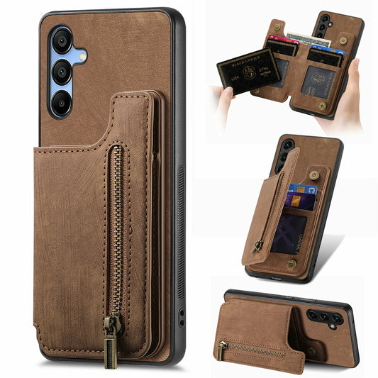 For Samsung Galaxy A16 4G / 5G Case with Card Holder Retro Leather+TPU Zipper Phone Cover - Brown