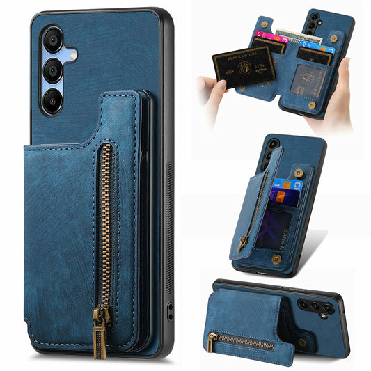 For Samsung Galaxy A16 4G / 5G Case with Card Holder Retro Leather+TPU Zipper Phone Cover - Blue