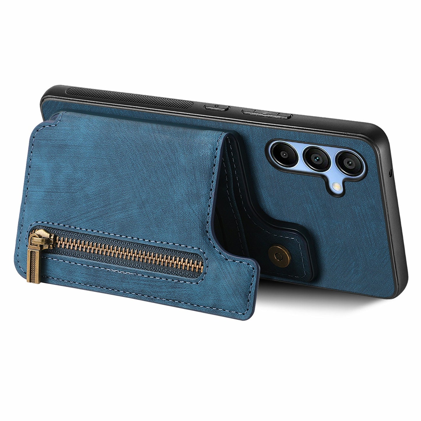 For Samsung Galaxy A16 4G / 5G Case with Card Holder Retro Leather+TPU Zipper Phone Cover - Blue