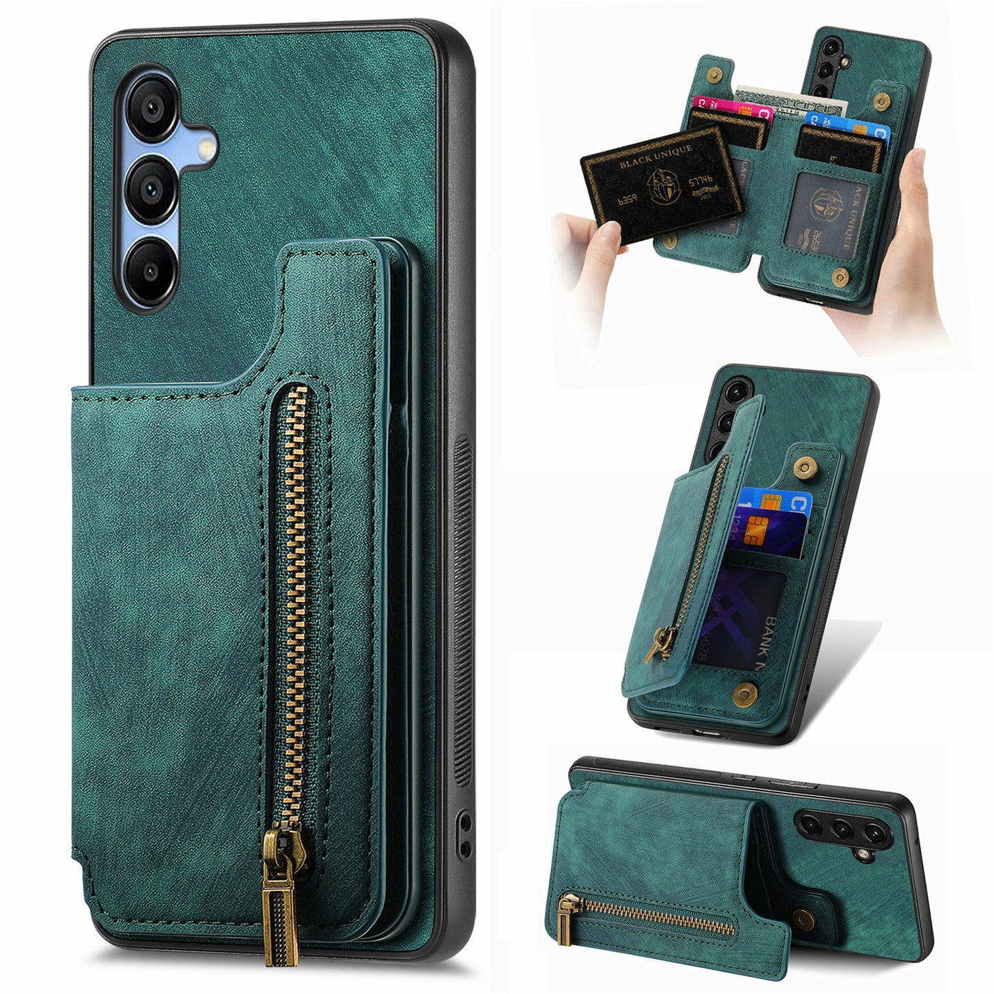For Samsung Galaxy A16 4G / 5G Case with Card Holder Retro Leather+TPU Zipper Phone Cover - Green