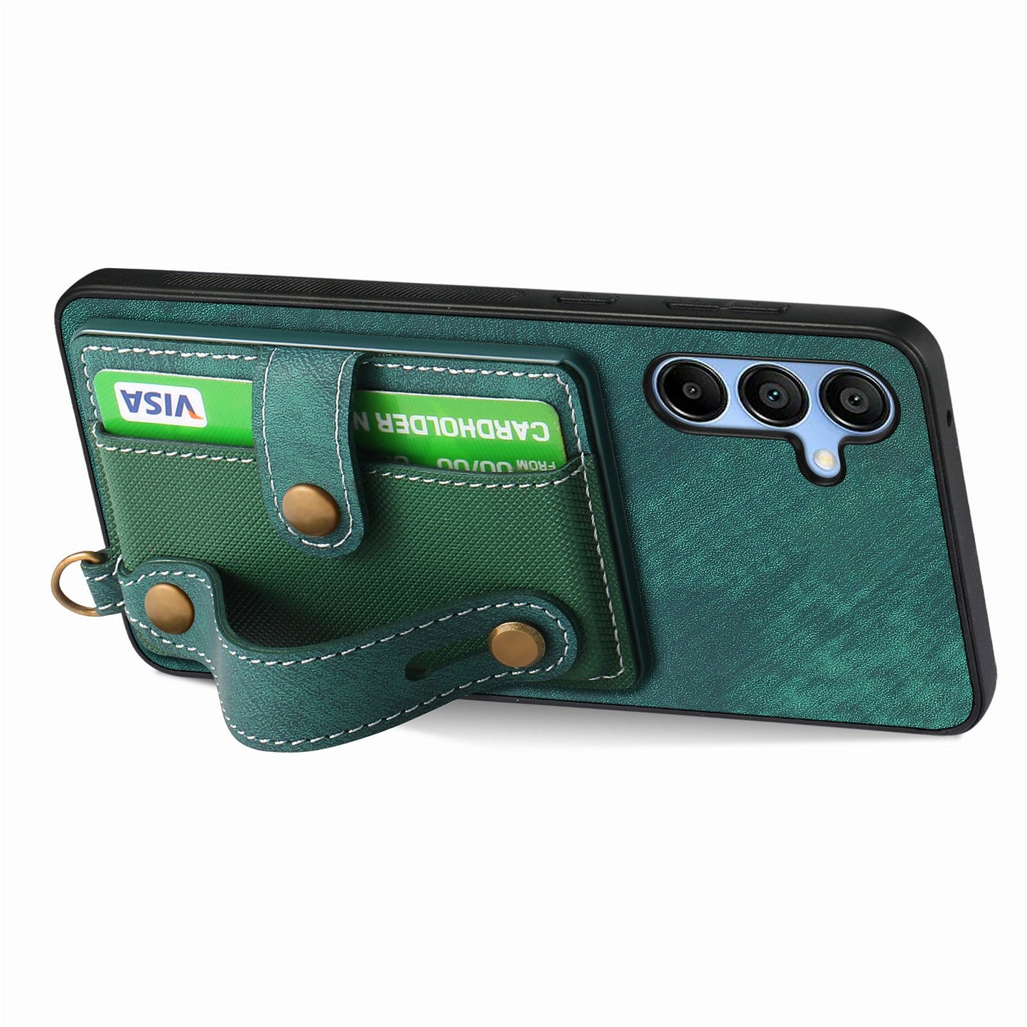For Samsung Galaxy A16 4G / 5G Case Wristband Kickstand PU Leather Retro Back Cover Card Holder - Green