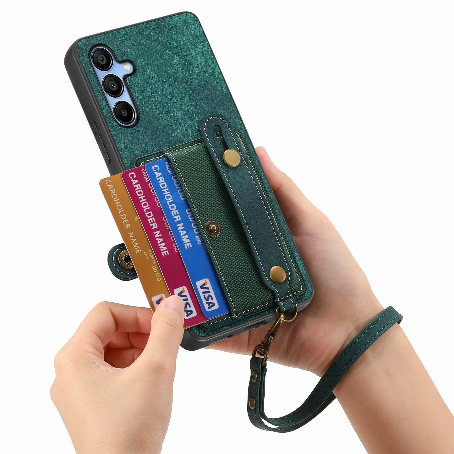 For Samsung Galaxy A16 4G / 5G Case Wristband Kickstand PU Leather Retro Back Cover Card Holder - Green