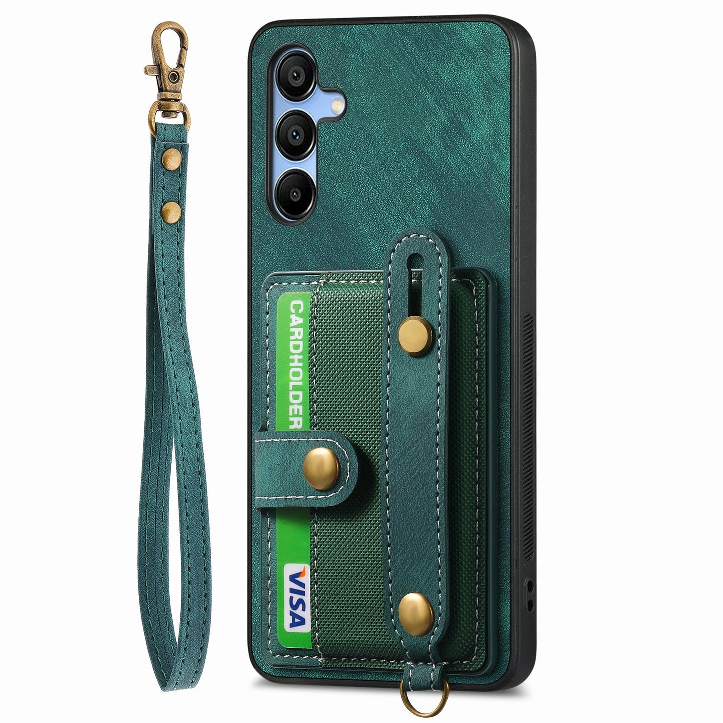 For Samsung Galaxy A16 4G / 5G Case Wristband Kickstand PU Leather Retro Back Cover Card Holder - Green