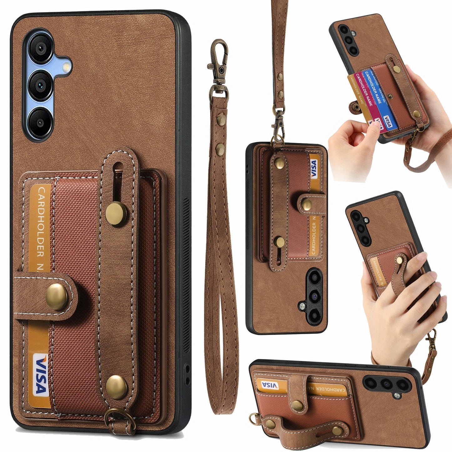 For Samsung Galaxy A16 4G / 5G Case Wristband Kickstand PU Leather Retro Back Cover Card Holder - Brown
