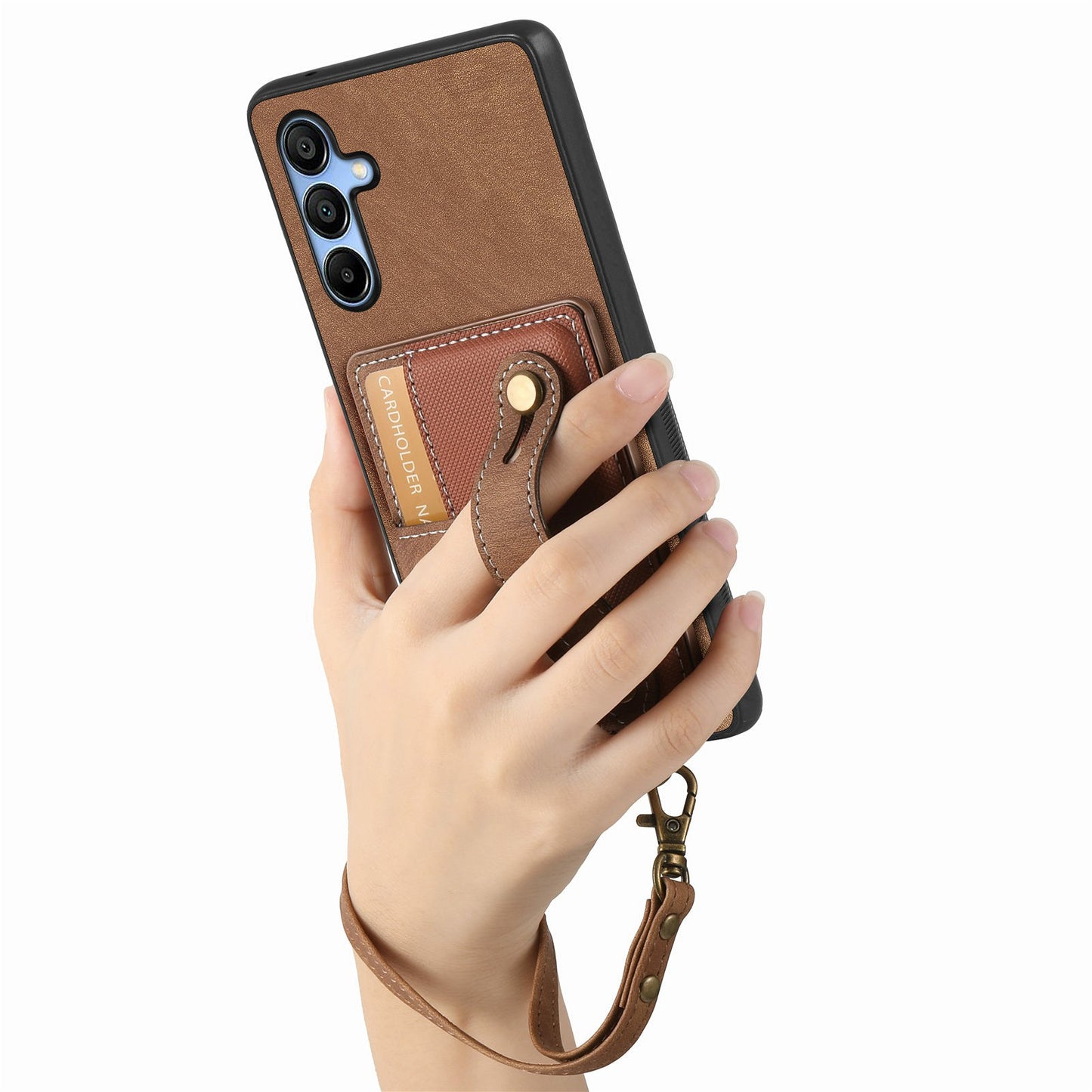 For Samsung Galaxy A16 4G / 5G Case Wristband Kickstand PU Leather Retro Back Cover Card Holder - Brown