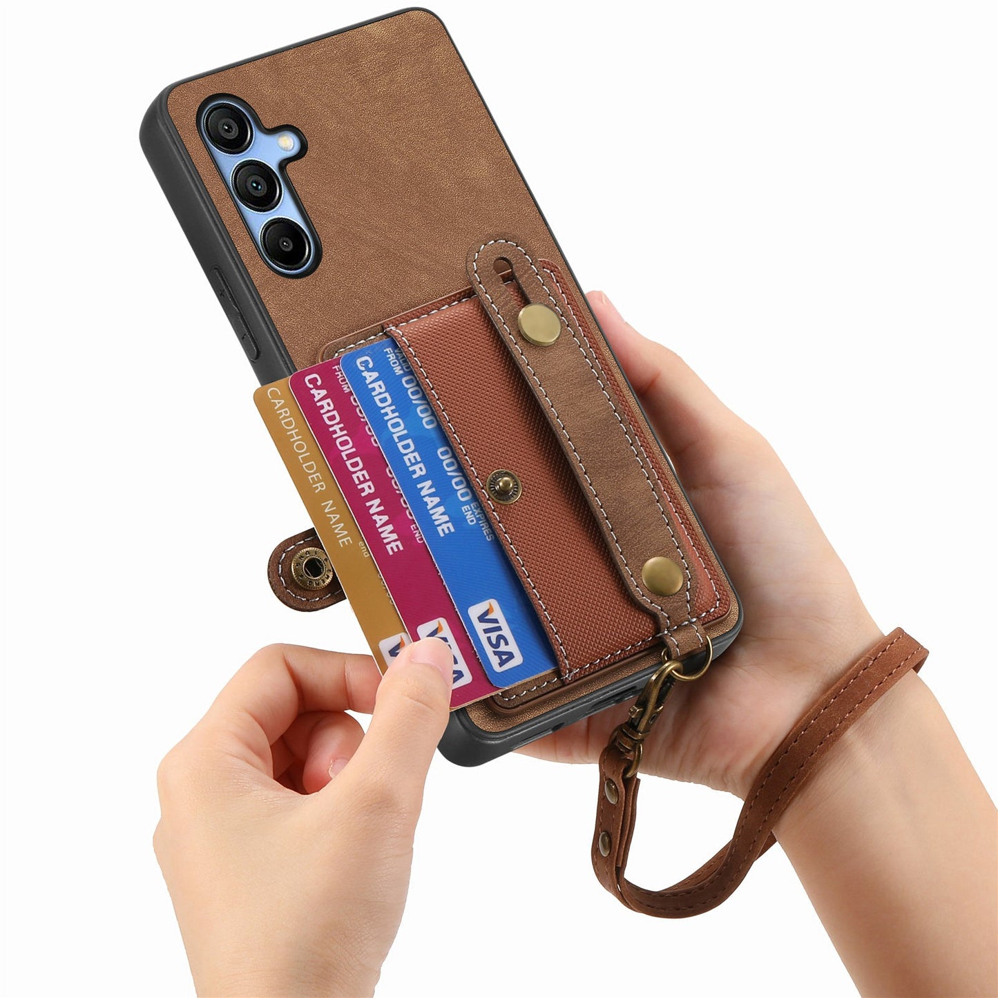 For Samsung Galaxy A16 4G / 5G Case Wristband Kickstand PU Leather Retro Back Cover Card Holder - Brown