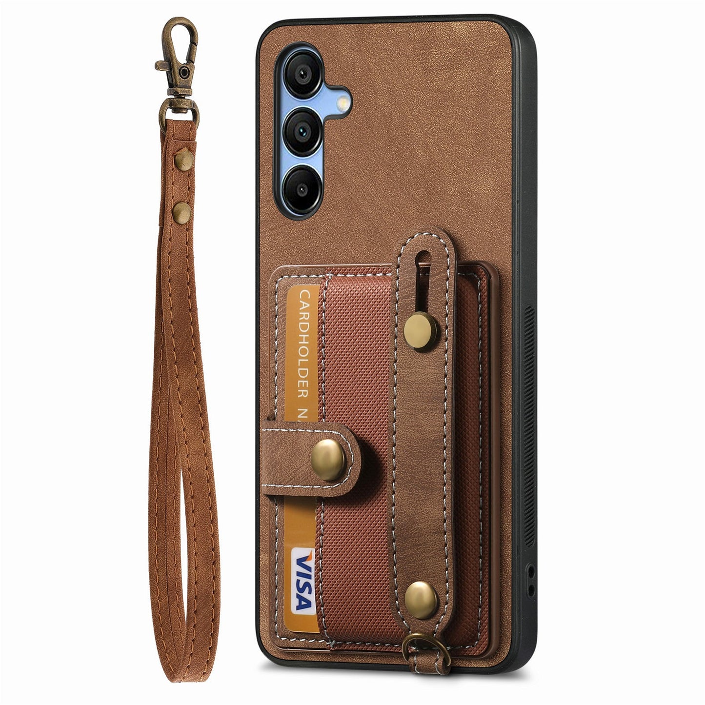 For Samsung Galaxy A16 4G / 5G Case Wristband Kickstand PU Leather Retro Back Cover Card Holder - Brown