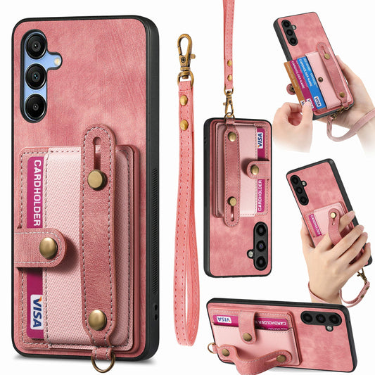 For Samsung Galaxy A16 4G / 5G Case Wristband Kickstand PU Leather Retro Back Cover Card Holder - Pink