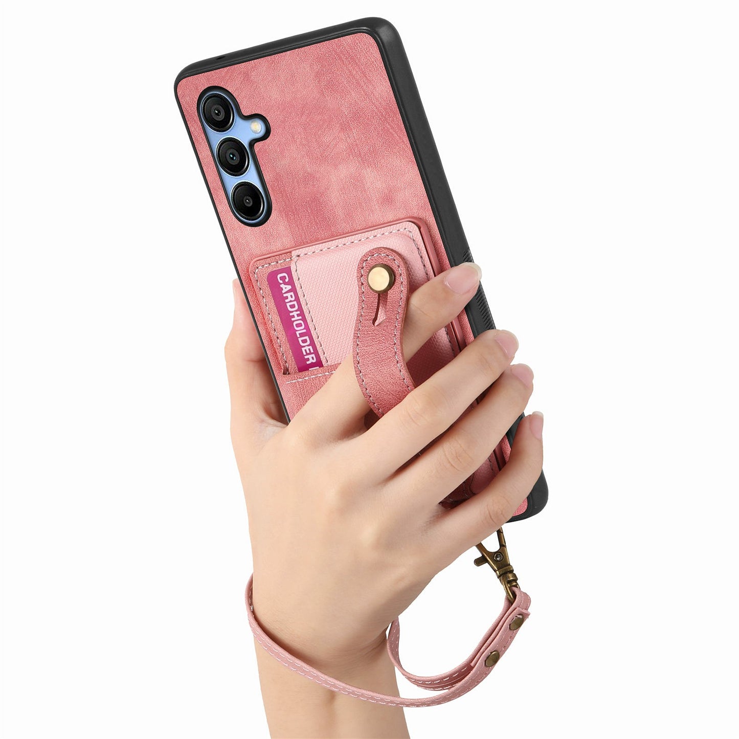 For Samsung Galaxy A16 4G / 5G Case Wristband Kickstand PU Leather Retro Back Cover Card Holder - Pink
