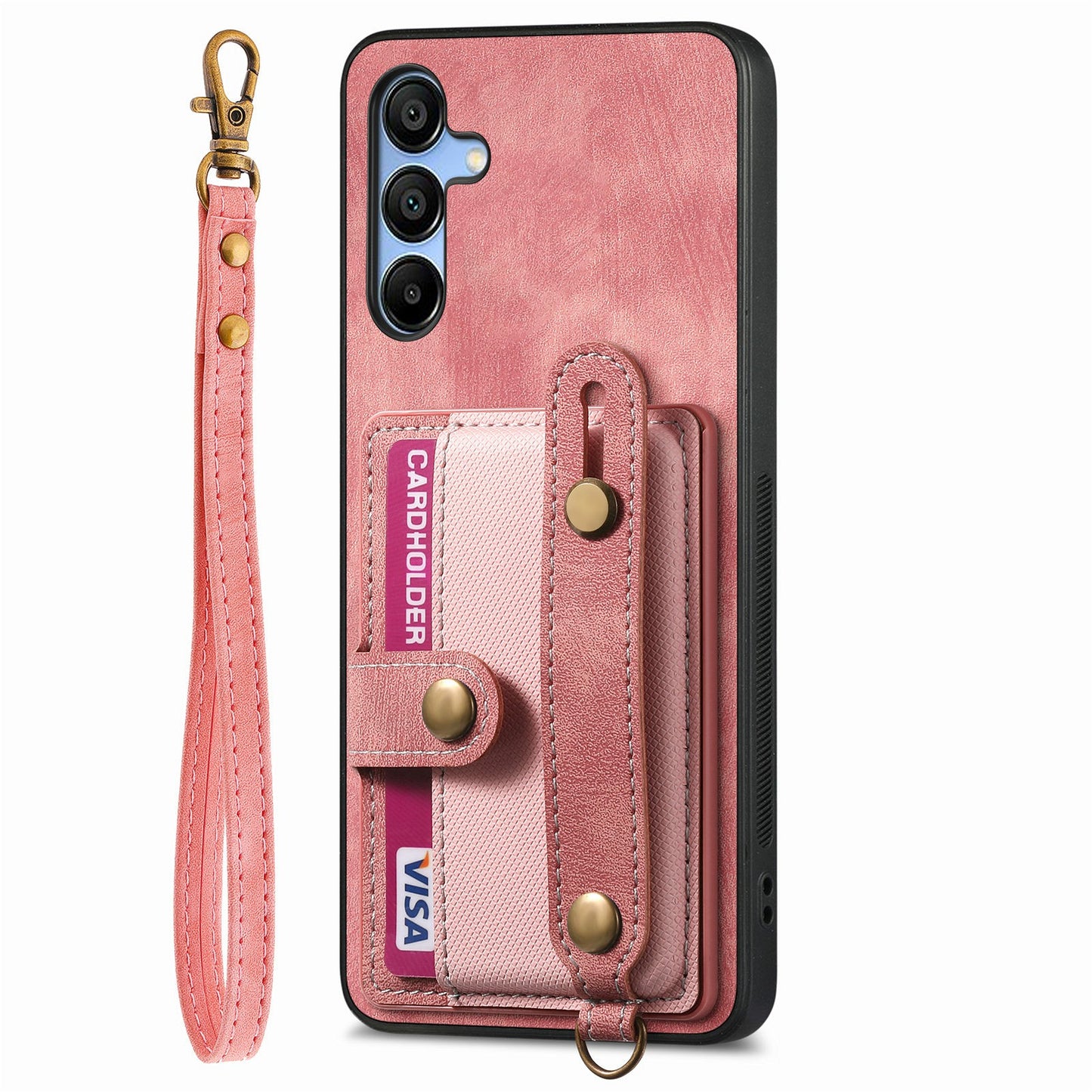 For Samsung Galaxy A16 4G / 5G Case Wristband Kickstand PU Leather Retro Back Cover Card Holder - Pink