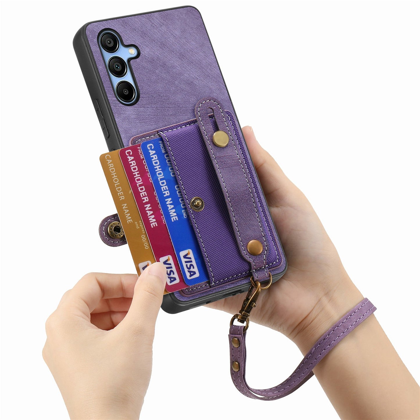 For Samsung Galaxy A16 4G / 5G Case Wristband Kickstand PU Leather Retro Back Cover Card Holder - Purple