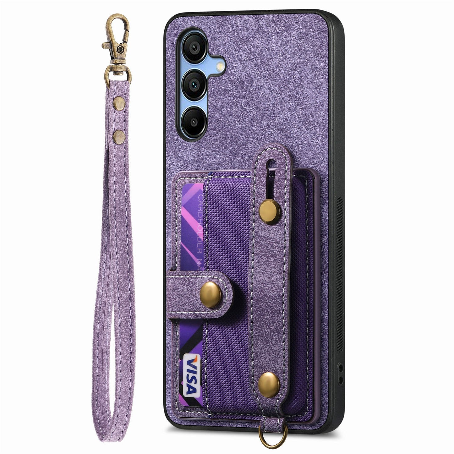 For Samsung Galaxy A16 4G / 5G Case Wristband Kickstand PU Leather Retro Back Cover Card Holder - Purple