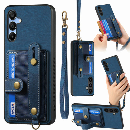For Samsung Galaxy A16 4G / 5G Case Wristband Kickstand PU Leather Retro Back Cover Card Holder - Blue