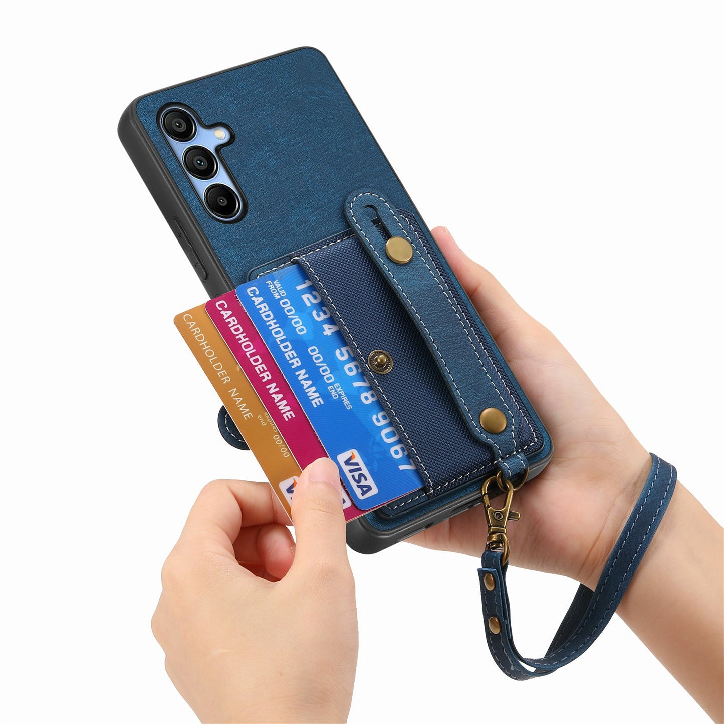 For Samsung Galaxy A16 4G / 5G Case Wristband Kickstand PU Leather Retro Back Cover Card Holder - Blue