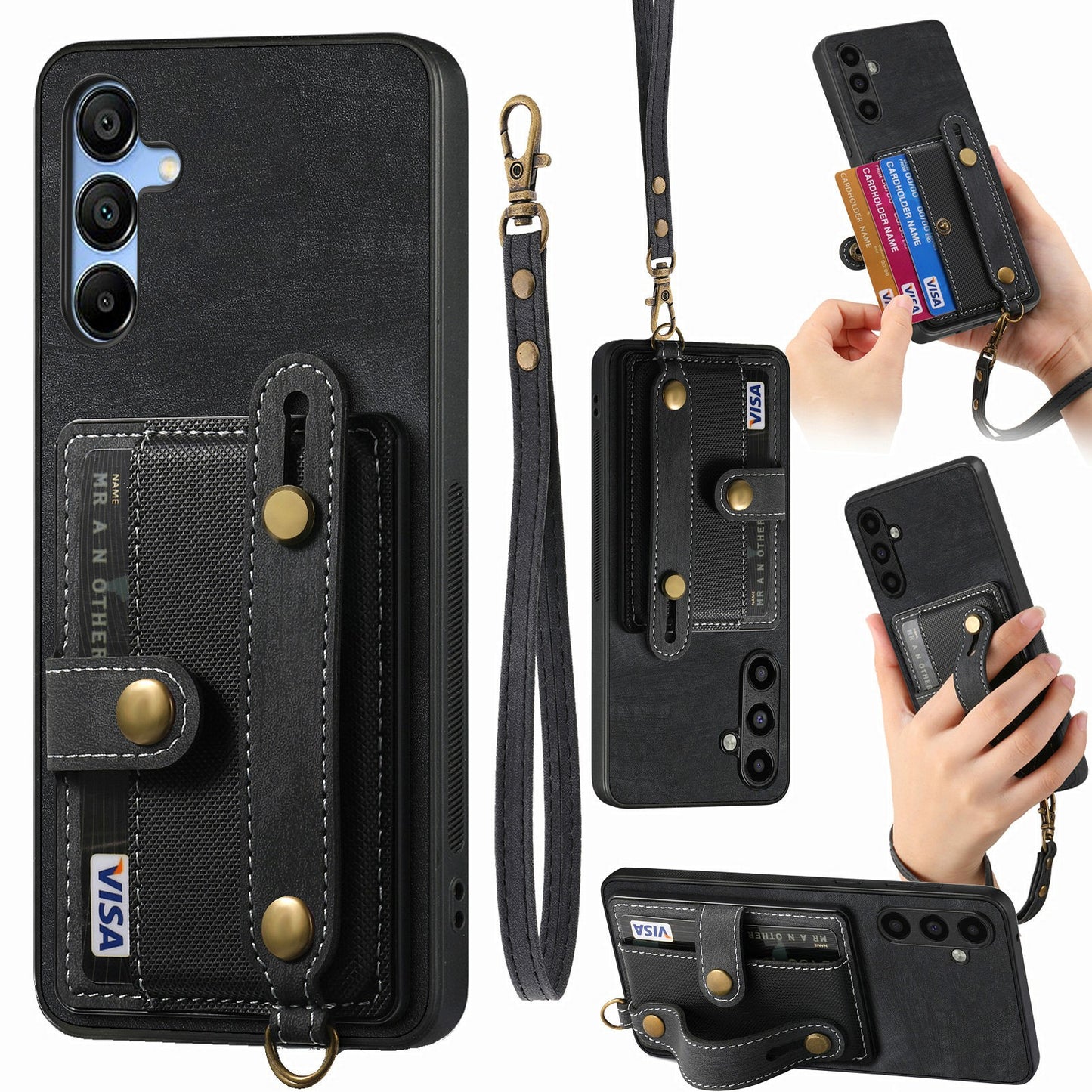 For Samsung Galaxy A16 4G / 5G Case Wristband Kickstand PU Leather Retro Back Cover Card Holder - Black
