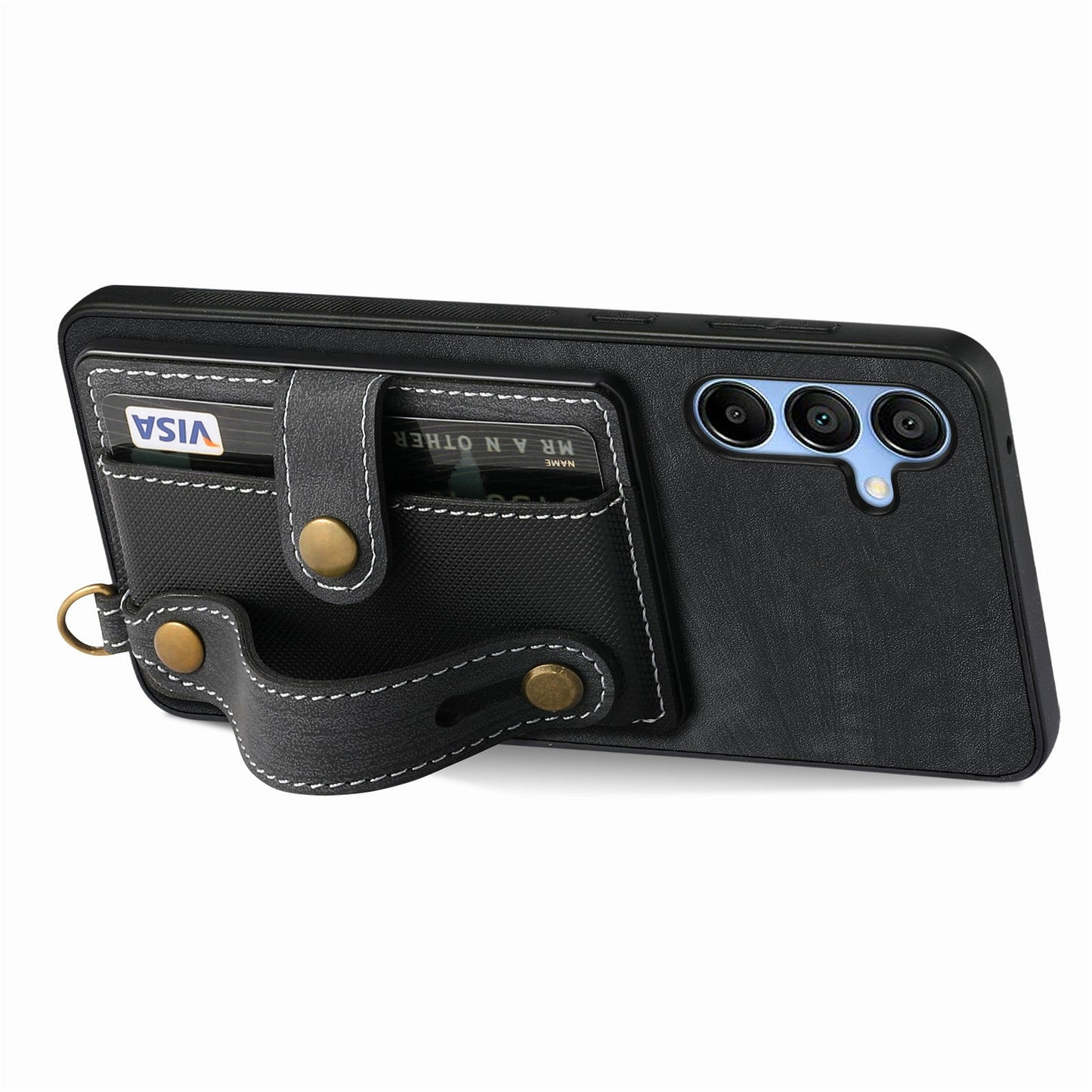 For Samsung Galaxy A16 4G / 5G Case Wristband Kickstand PU Leather Retro Back Cover Card Holder - Black