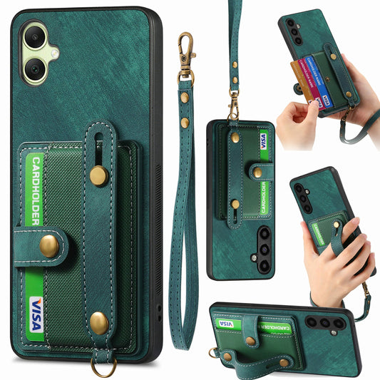 For Samsung Galaxy A06 Case Wristband Kickstand PU Leather Retro Back Cover Card Holder - Green