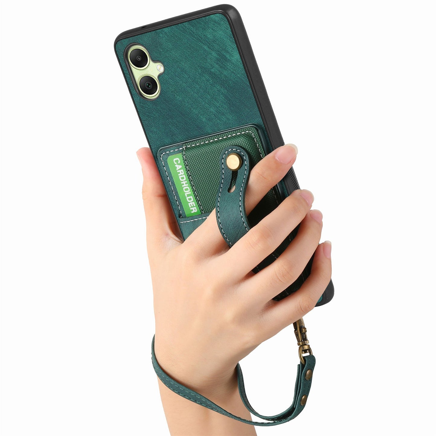 For Samsung Galaxy A06 Case Wristband Kickstand PU Leather Retro Back Cover Card Holder - Green